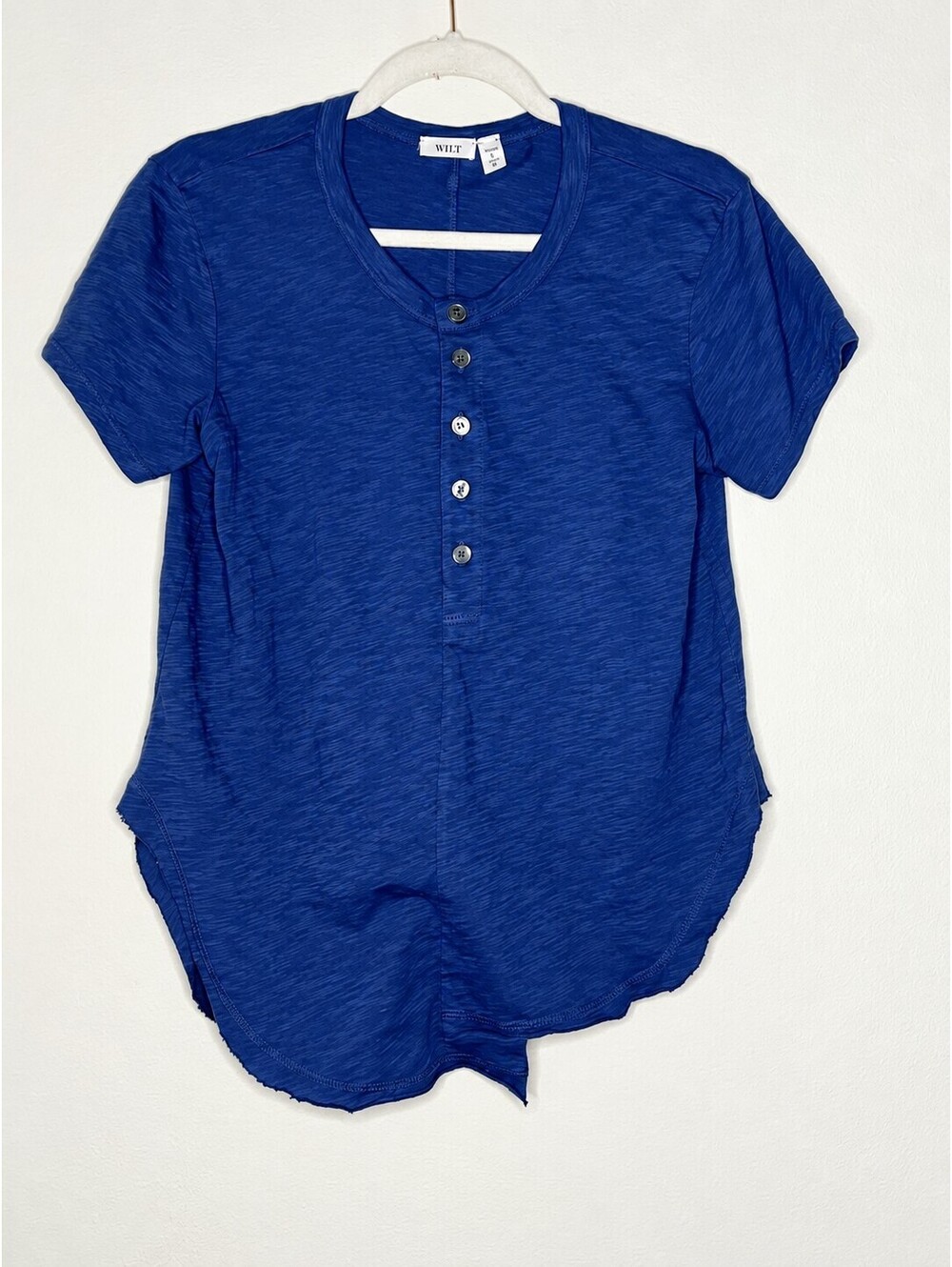 Wilt Blue Slub Knit Henley Tee XS Oversized High Low Curved Hem USA - Picture 2 of 5